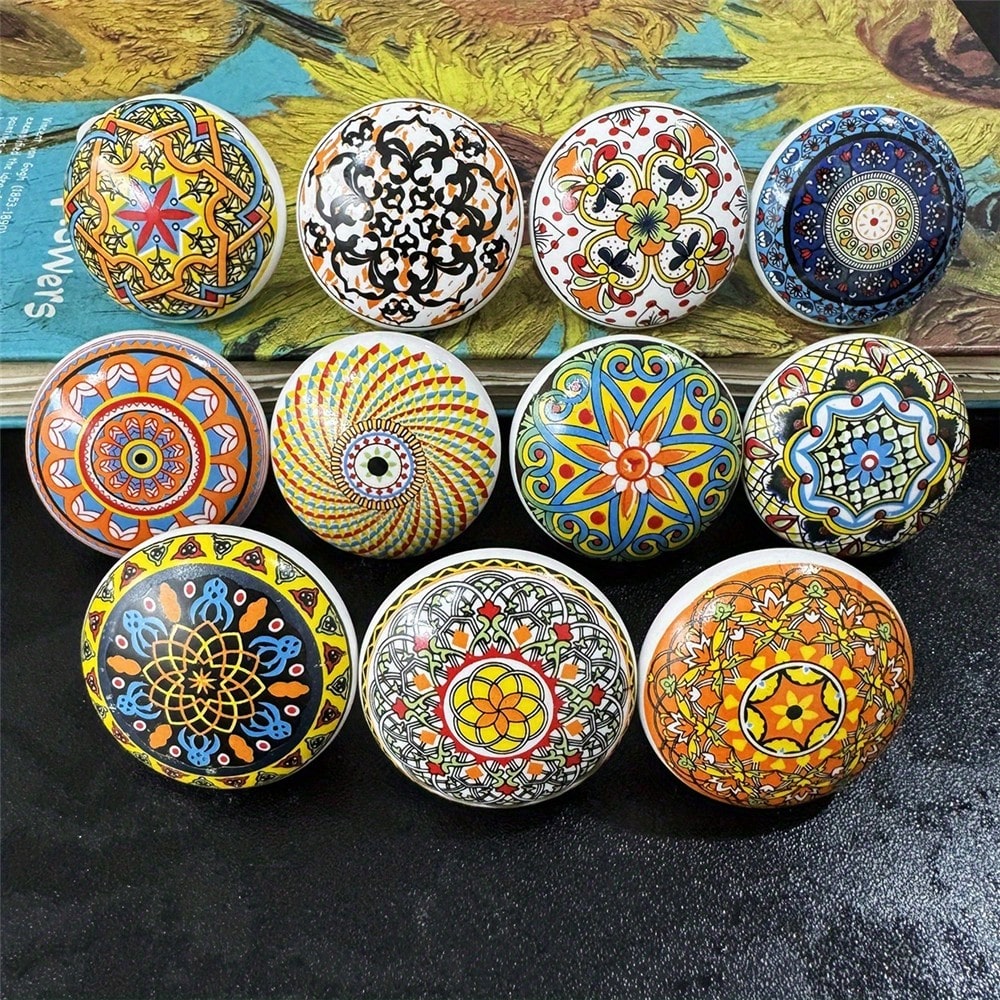 1/6/12pcs Bohemian Style Round Ceramic Drawer Knobs With Screws, Colorful Hand-Painted Floral And Geometric Patterns, Suitable For Modern And Vintage Cabinets, Kitchen Cabinet Pulls