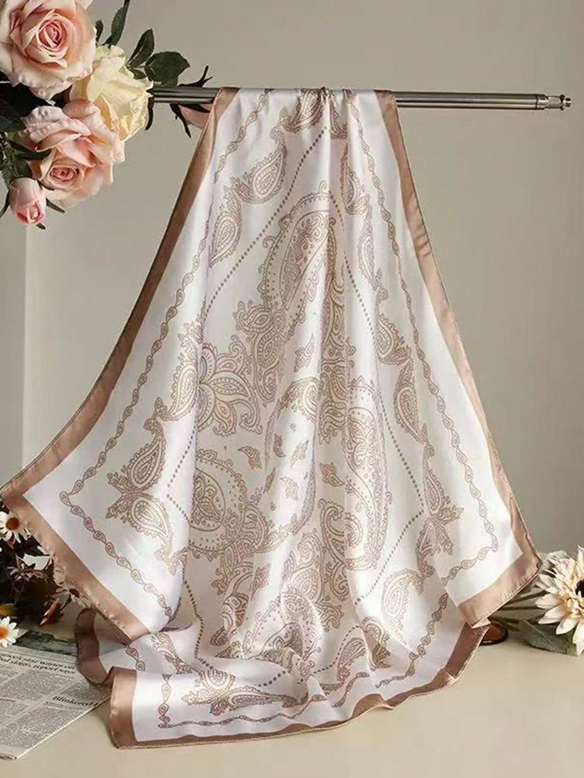 1pc Bohemian Style Square Silk Satin Scarf For Women, Can Be Used As Headscarf, Neck Scarf, Hair Tie, Fashion Headwear, Shawl, Suitable For Daily Casual Wear, Vacations, Parties, Etc., Perfect For Spr