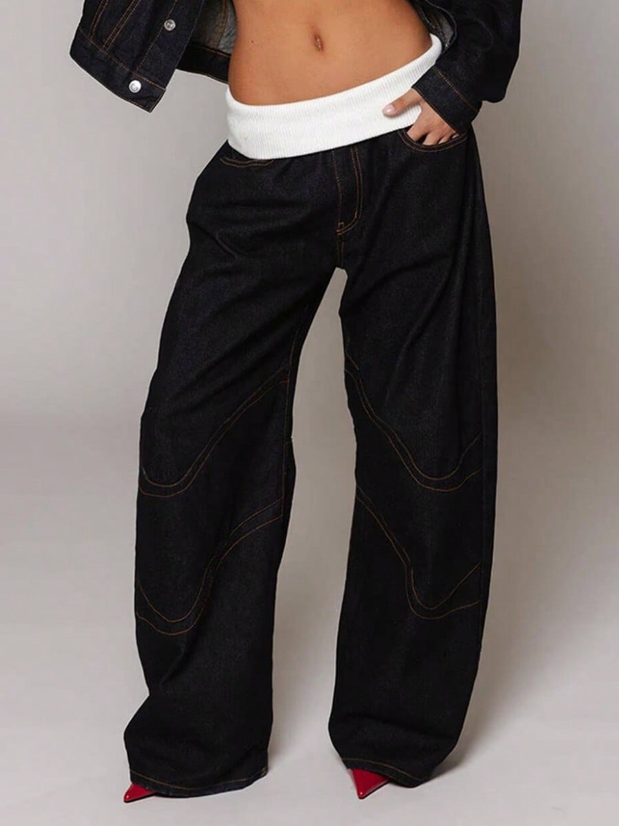 Women's Wide Leg Jeans Street Style Washed Denim Fold Over Rib Waist Curved Contrast Stitch Seam Detail