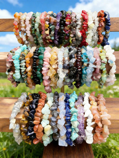 1/5/10/20/50/100pcs Multi-Color Natural Stone Crystal Gemstone Bracelets, Amethyst, Tiger Eye, Obsidian And Other Natural Crystal Gemstone Elastic Bracelets, Chakra Stones, Yoga Meditation Energy Brac