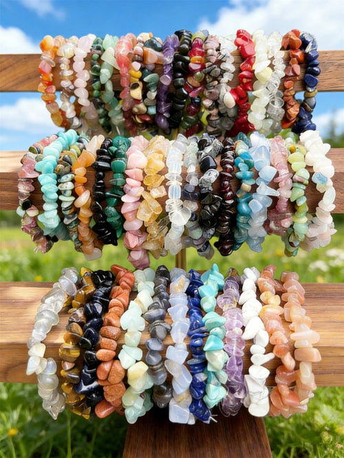 1/5/10/20/50/100pcs Multi-Color Natural Stone Crystal Gemstone Bracelets, Amethyst, Tiger Eye, Obsidian And Other Natural Crystal Gemstone Elastic Bracelets, Chakra Stones, Yoga Meditation Energy Brac