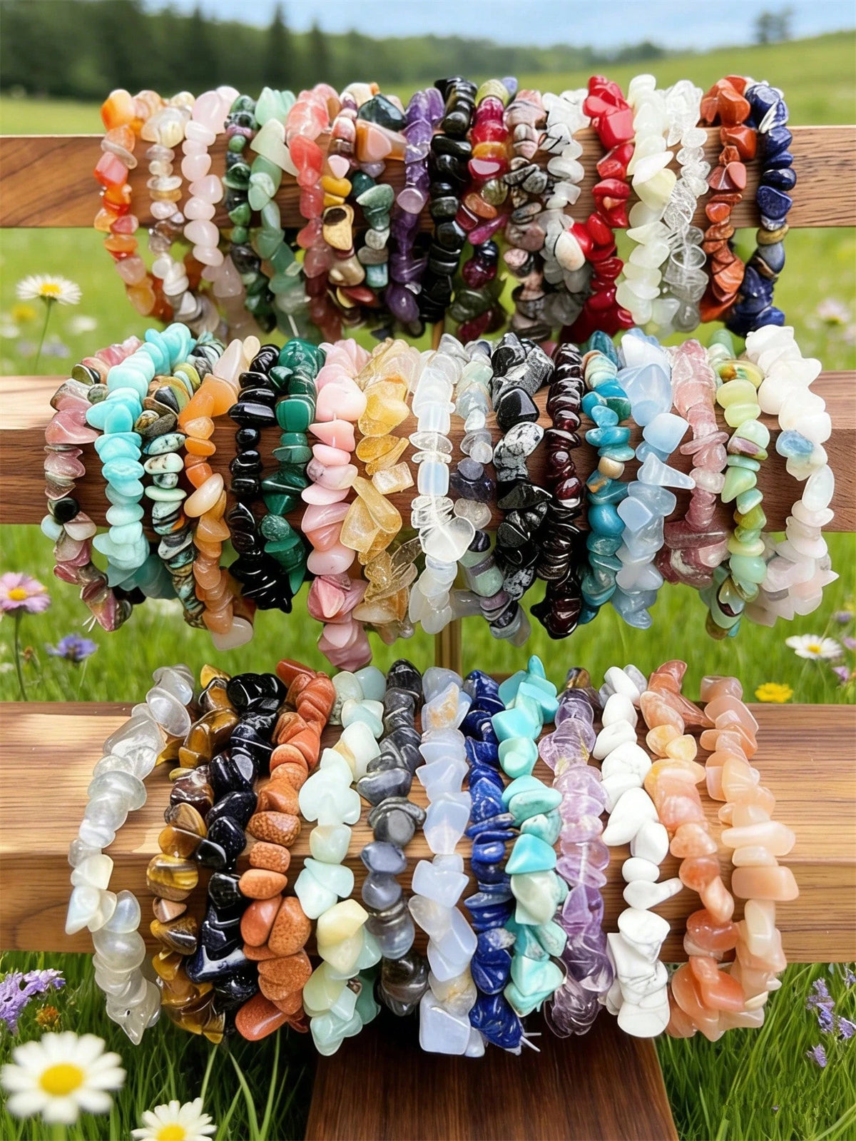 1/5/10/20/50/100pcs Multi-Color Natural Stone Crystal Gemstone Bracelets, Amethyst, Tiger Eye, Obsidian And Other Natural Crystal Gemstone Elastic Bracelets, Chakra Stones, Yoga Meditation Energy Brac