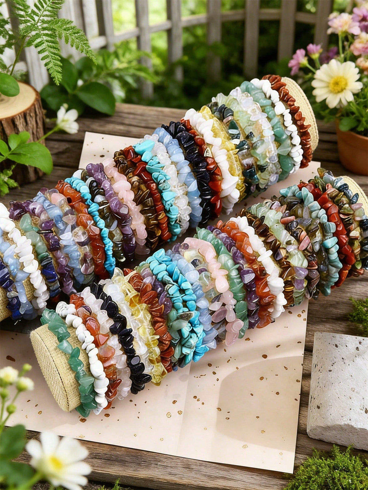 1/5/10/20/50/100pcs Multi-Color Natural Stone Crystal Gemstone Bracelets, Amethyst, Tiger Eye, Obsidian And Other Natural Crystal Gemstone Elastic Bracelets, Chakra Stones, Yoga Meditation Energy Brac