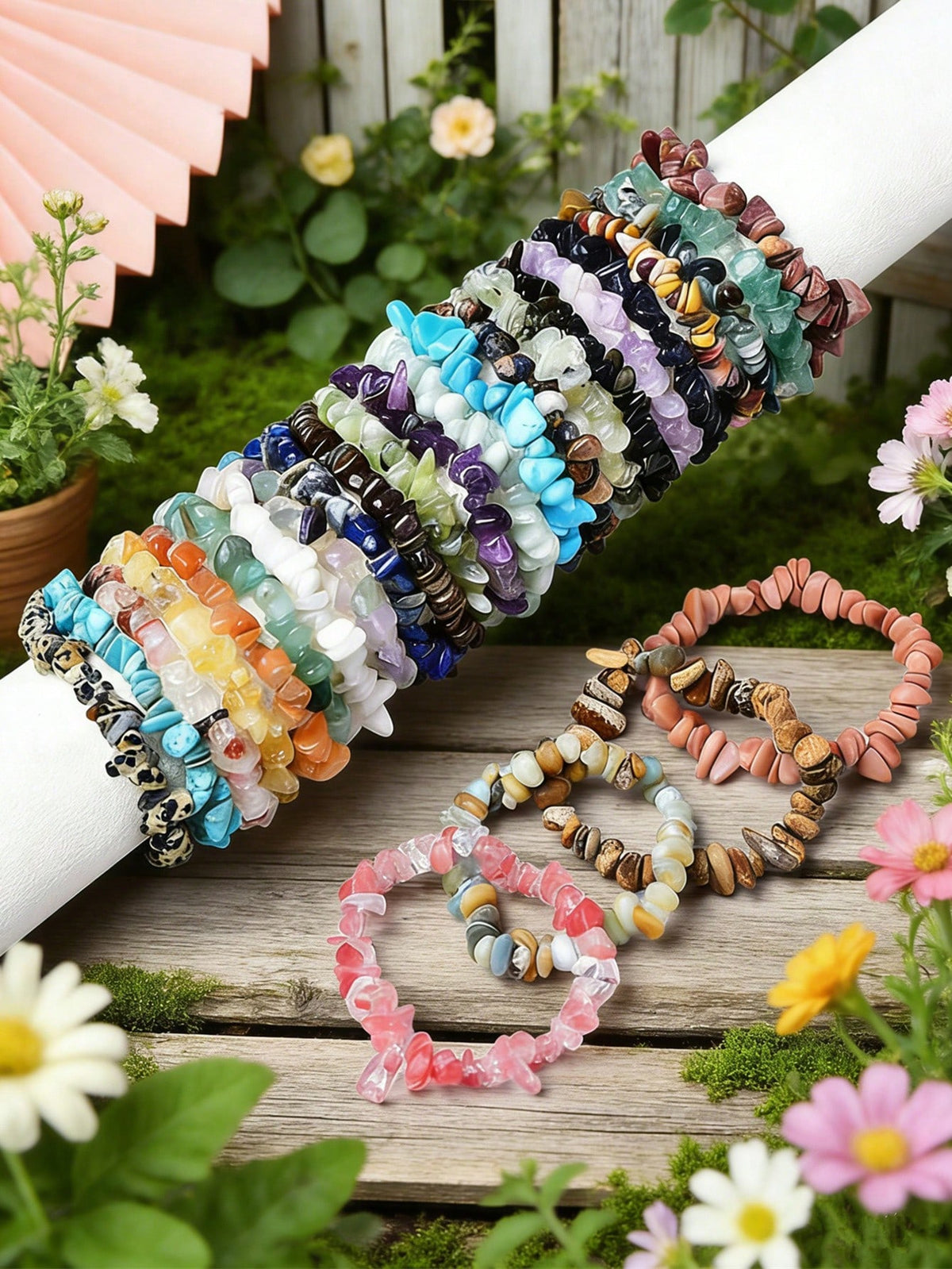 1/5/10/20/50/100pcs Multi-Color Natural Stone Crystal Gemstone Bracelets, Amethyst, Tiger Eye, Obsidian And Other Natural Crystal Gemstone Elastic Bracelets, Chakra Stones, Yoga Meditation Energy Brac