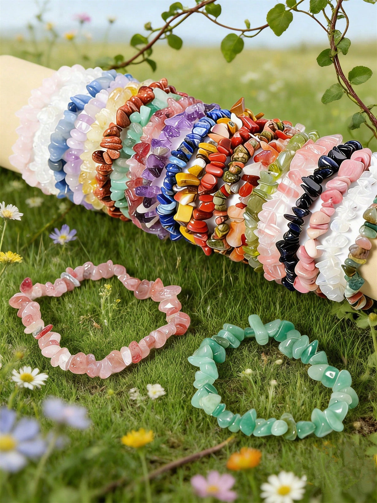 1/5/10/20/50/100pcs Multi-Color Natural Stone Crystal Gemstone Bracelets, Amethyst, Tiger Eye, Obsidian And Other Natural Crystal Gemstone Elastic Bracelets, Chakra Stones, Yoga Meditation Energy Brac