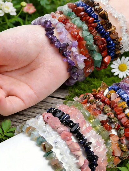 1/5/10/20/50/100pcs Multi-Color Natural Stone Crystal Gemstone Bracelets, Amethyst, Tiger Eye, Obsidian And Other Natural Crystal Gemstone Elastic Bracelets, Chakra Stones, Yoga Meditation Energy Brac