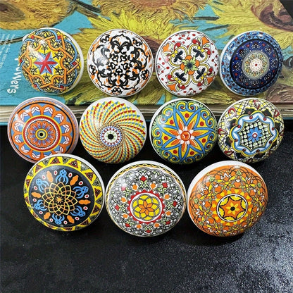 1/6/12pcs Bohemian Style Round Ceramic Drawer Knobs With Screws, Colorful Hand-Painted Floral And Geometric Patterns, Suitable For Modern And Vintage Cabinets, Kitchen Cabinet Pulls