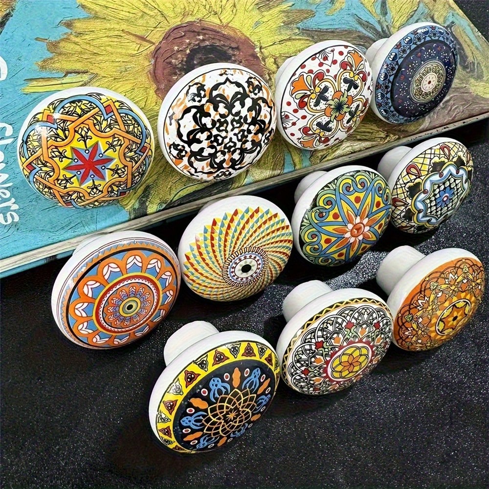 1/6/12pcs Bohemian Style Round Ceramic Drawer Knobs With Screws, Colorful Hand-Painted Floral And Geometric Patterns, Suitable For Modern And Vintage Cabinets, Kitchen Cabinet Pulls