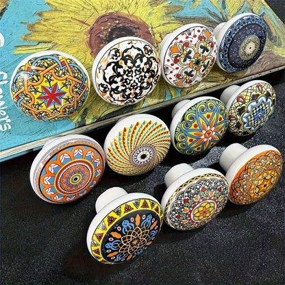 1/6/12pcs Bohemian Style Round Ceramic Drawer Knobs With Screws, Colorful Hand-Painted Floral And Geometric Patterns, Suitable For Modern And Vintage Cabinets, Kitchen Cabinet Pulls