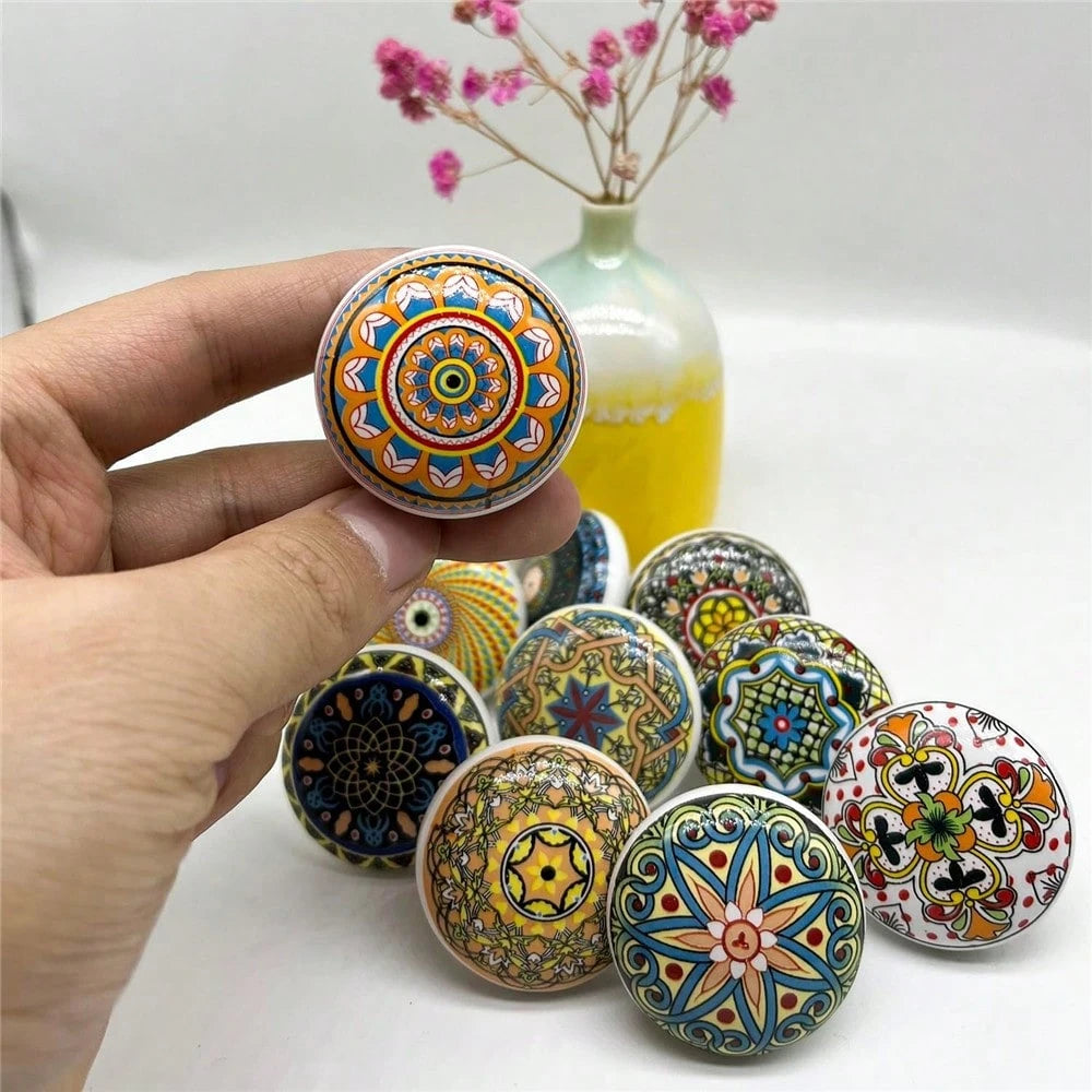 1/6/12pcs Bohemian Style Round Ceramic Drawer Knobs With Screws, Colorful Hand-Painted Floral And Geometric Patterns, Suitable For Modern And Vintage Cabinets, Kitchen Cabinet Pulls