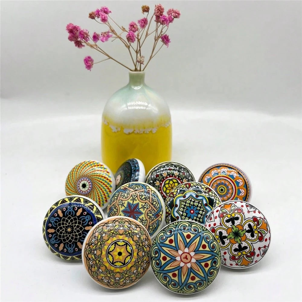 1/6/12pcs Bohemian Style Round Ceramic Drawer Knobs With Screws, Colorful Hand-Painted Floral And Geometric Patterns, Suitable For Modern And Vintage Cabinets, Kitchen Cabinet Pulls