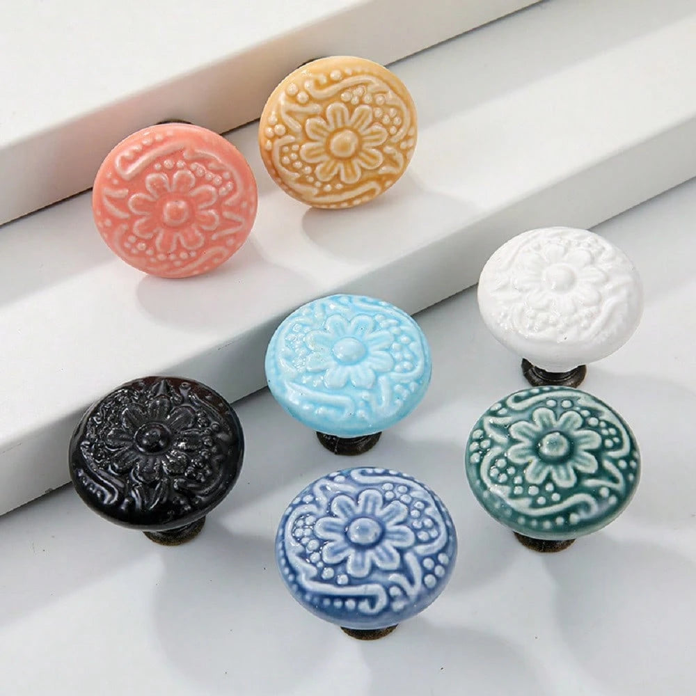 1/6/12pcs Bohemian Style Round Ceramic Drawer Knobs With Screws, Colorful Hand-Painted Floral And Geometric Patterns, Suitable For Modern And Vintage Cabinets, Kitchen Cabinet Pulls