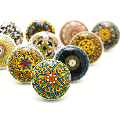 1/6/12pcs Bohemian Style Round Ceramic Drawer Knobs With Screws, Colorful Hand-Painted Floral And Geometric Patterns, Suitable For Modern And Vintage Cabinets, Kitchen Cabinet Pulls