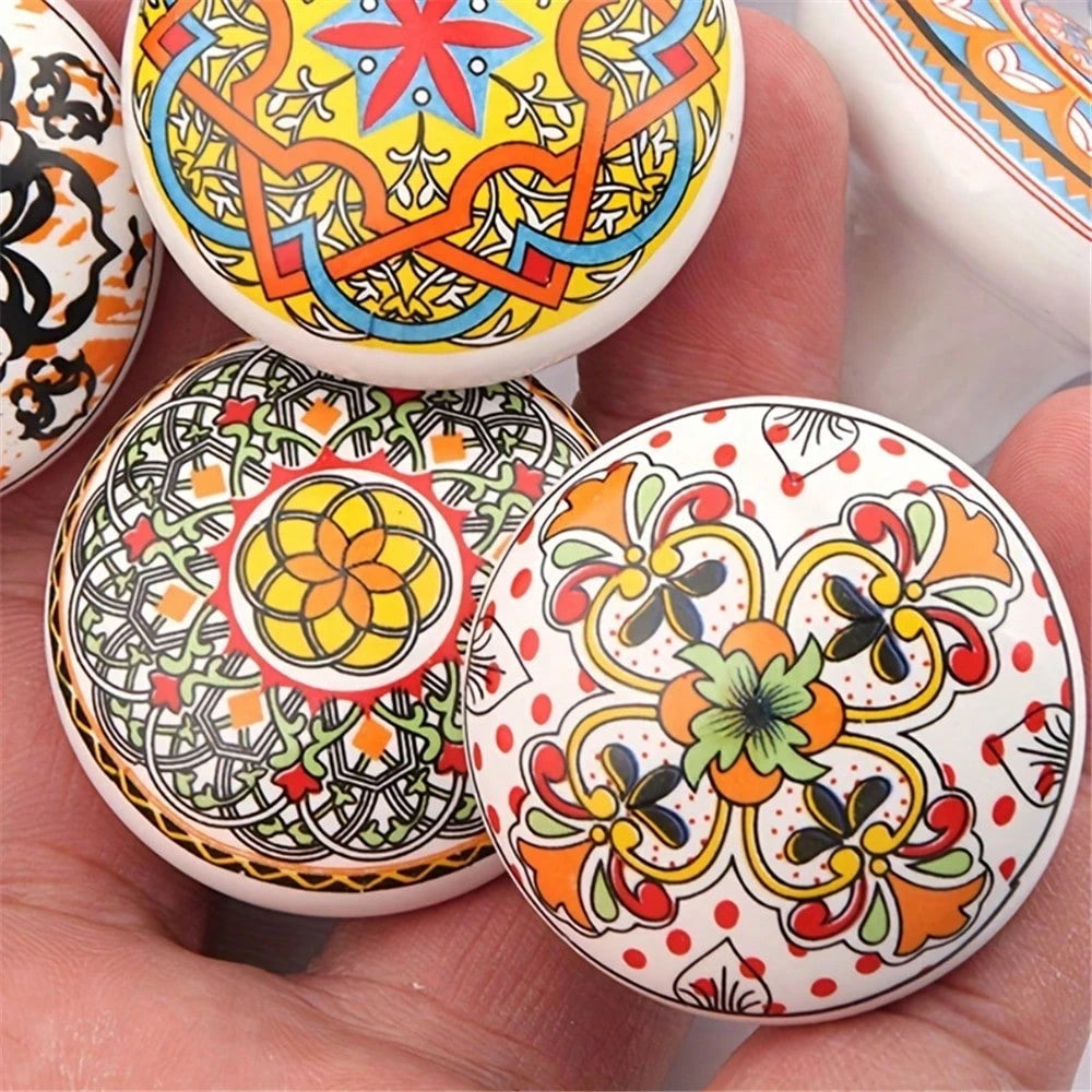1/6/12pcs Bohemian Style Round Ceramic Drawer Knobs With Screws, Colorful Hand-Painted Floral And Geometric Patterns, Suitable For Modern And Vintage Cabinets, Kitchen Cabinet Pulls