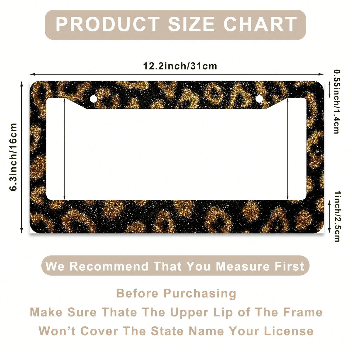 1 Leopard Print Gold Glitter License Plate Frame, Aluminum Alloy Car Decorative License Plate Cover- Rust-Proof, Noise-Reducing, Weather-Resistant Bracket, Suitable For US Standard Vehicles