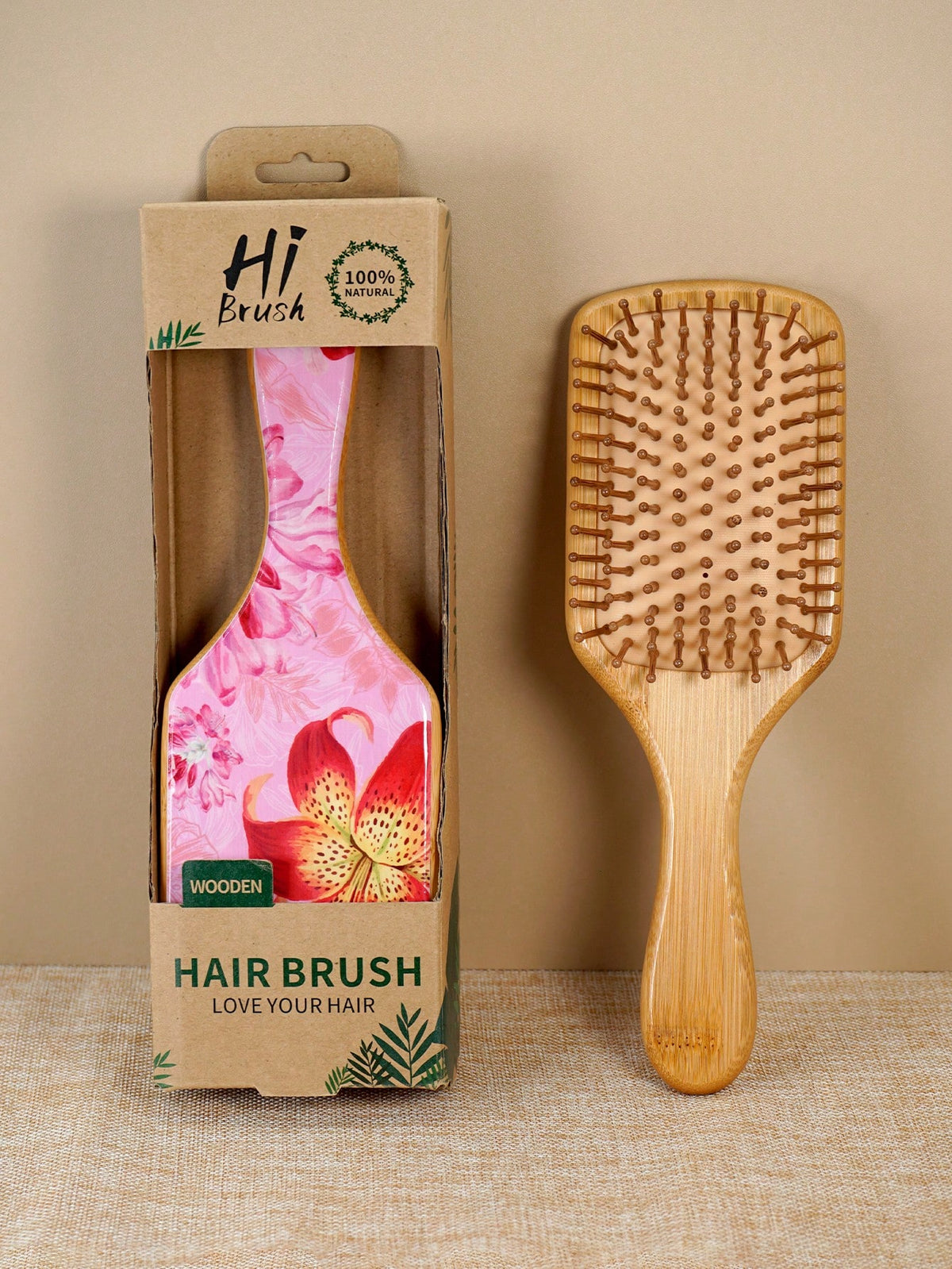 1 Pc Personalised Lily Flower Large Square Air Cushion Comb With Box, Bamboo Paddle Hair Brush With Handle, Natural Bamboo Comb Paddle Detangling Hairbrush, Suit For Women Men And Kids, Portable Detan