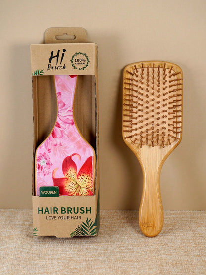 1 Pc Personalised Lily Flower Large Square Air Cushion Comb With Box, Bamboo Paddle Hair Brush With Handle, Natural Bamboo Comb Paddle Detangling Hairbrush, Suit For Women Men And Kids, Portable Detan