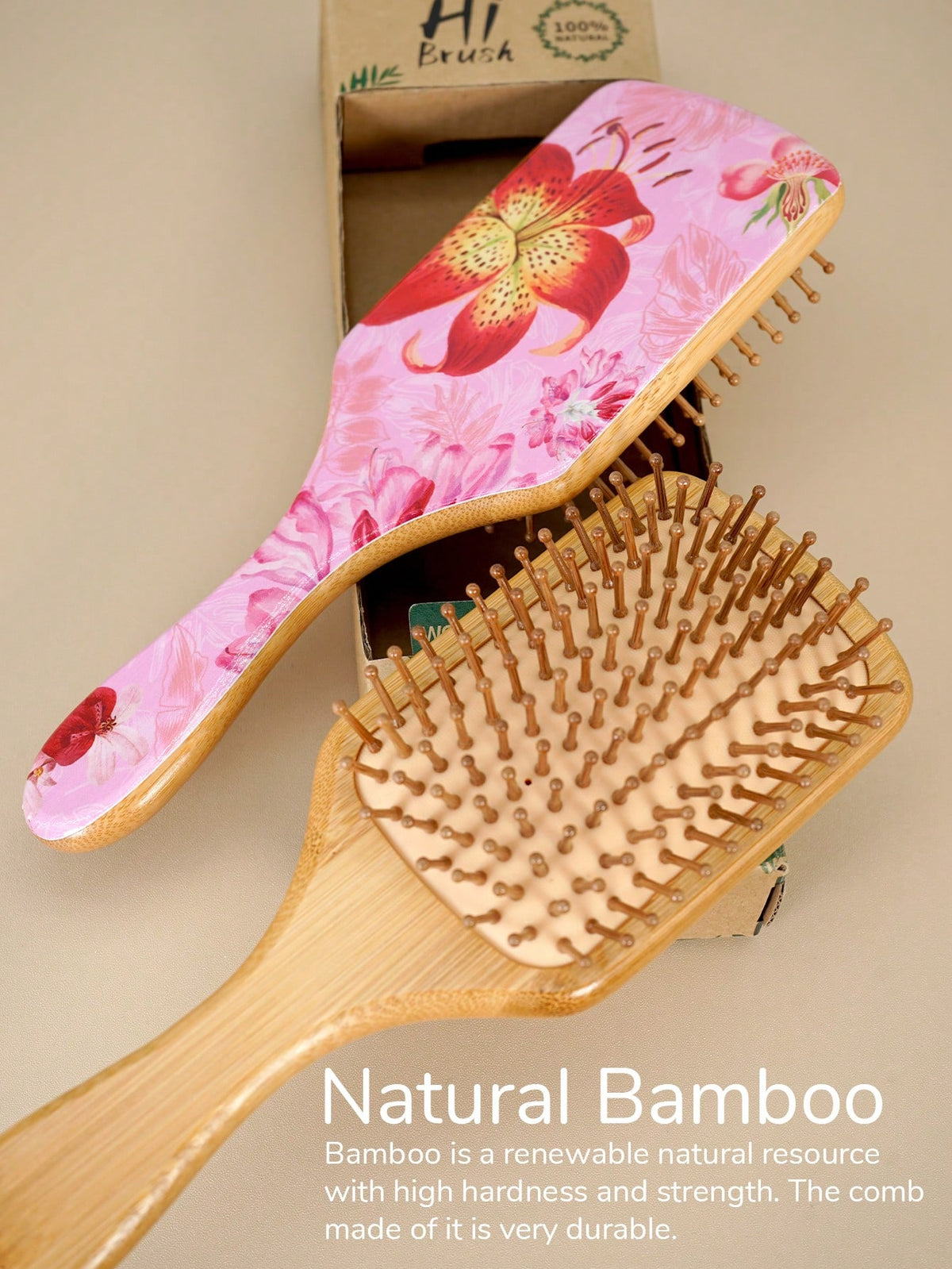 1 Pc Personalised Lily Flower Large Square Air Cushion Comb With Box, Bamboo Paddle Hair Brush With Handle, Natural Bamboo Comb Paddle Detangling Hairbrush, Suit For Women Men And Kids, Portable Detan