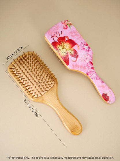 1 Pc Personalised Lily Flower Large Square Air Cushion Comb With Box, Bamboo Paddle Hair Brush With Handle, Natural Bamboo Comb Paddle Detangling Hairbrush, Suit For Women Men And Kids, Portable Detan