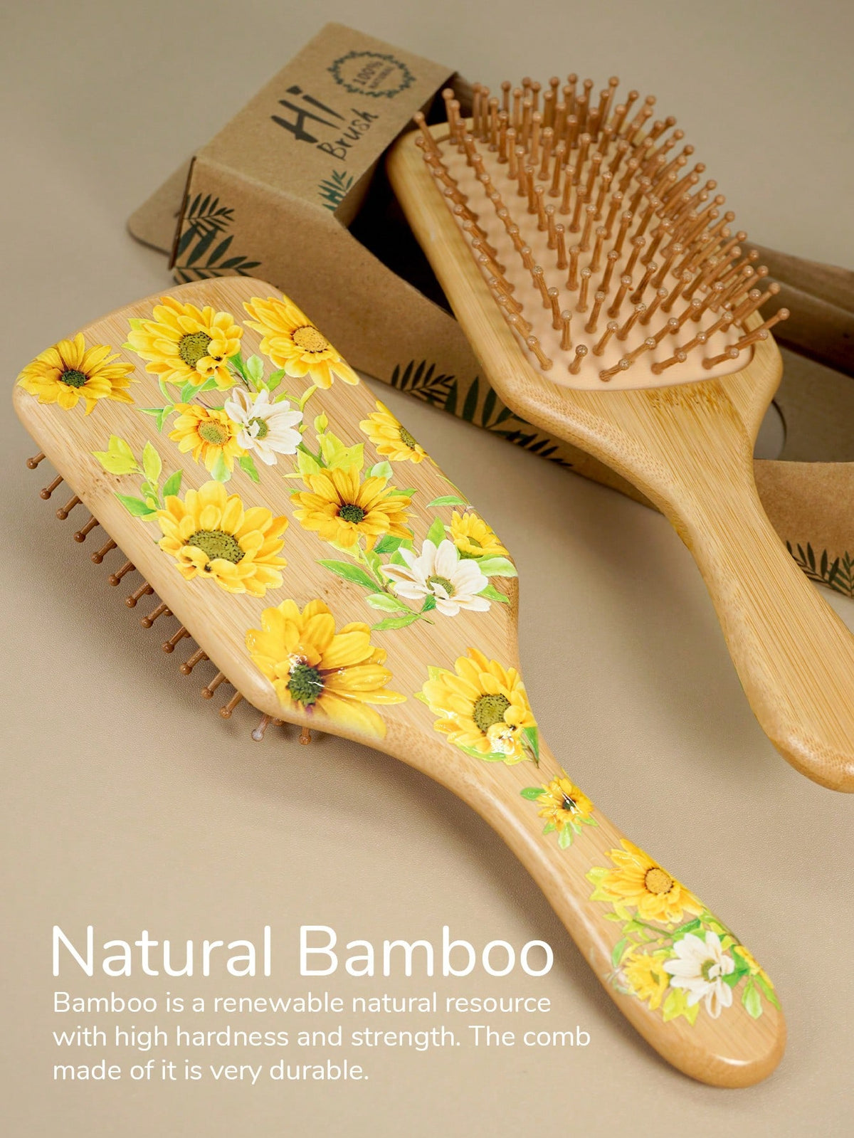 1 Pc Personalised Lily Flower Large Square Air Cushion Comb With Box, Bamboo Paddle Hair Brush With Handle, Natural Bamboo Comb Paddle Detangling Hairbrush, Suit For Women Men And Kids, Portable Detan