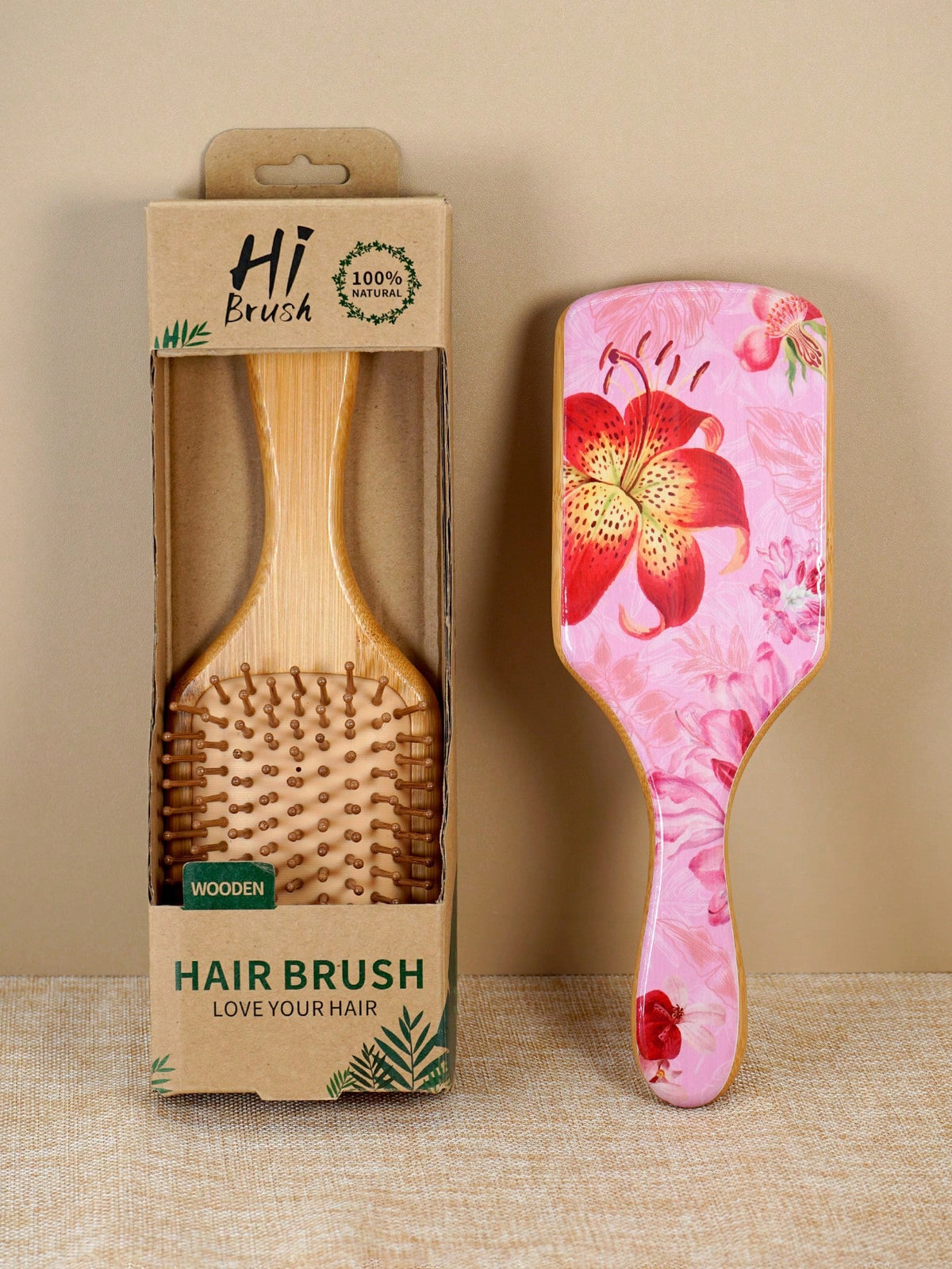 1 Pc Personalised Lily Flower Large Square Air Cushion Comb With Box, Bamboo Paddle Hair Brush With Handle, Natural Bamboo Comb Paddle Detangling Hairbrush, Suit For Women Men And Kids, Portable Detan