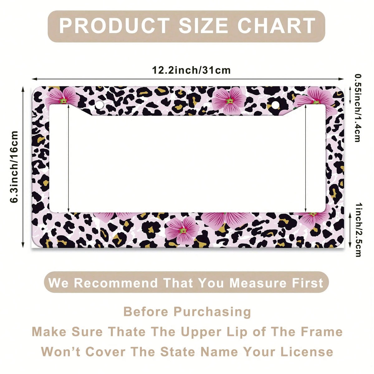 1 Piece Of Pink Floral And Leopard Print License Plate Frame, Vehicle Decorative License Plate Cover, Aluminum License Plate Bracket, Rust-Proof, Shockproof, And Rainproof, Suitable For American Stand