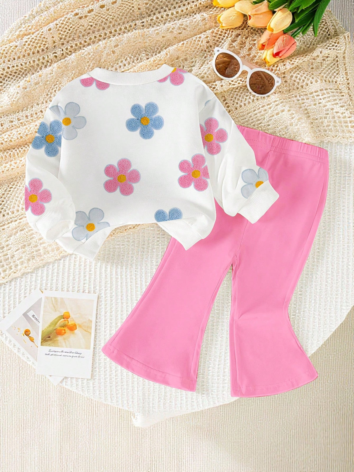 1 Set Baby Girls Cute Blue And White Striped Bow Pattern Crew Neck Sweatshirt And Flare Pants Outfit,Autumn Back-To-School Fashionable Fall Clothing