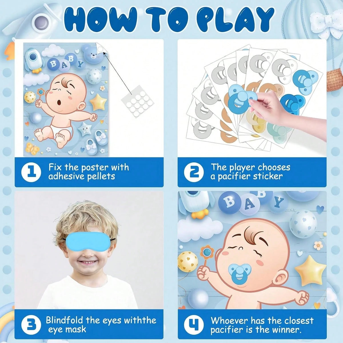 1 Set Baby Shower Games, Suitable For Guests, Includes Printed Poster, Eye Mask And Pacifier Stickers, Cute Pacifier Pin Game Props, Applicable For Gender Reveal And Birthday