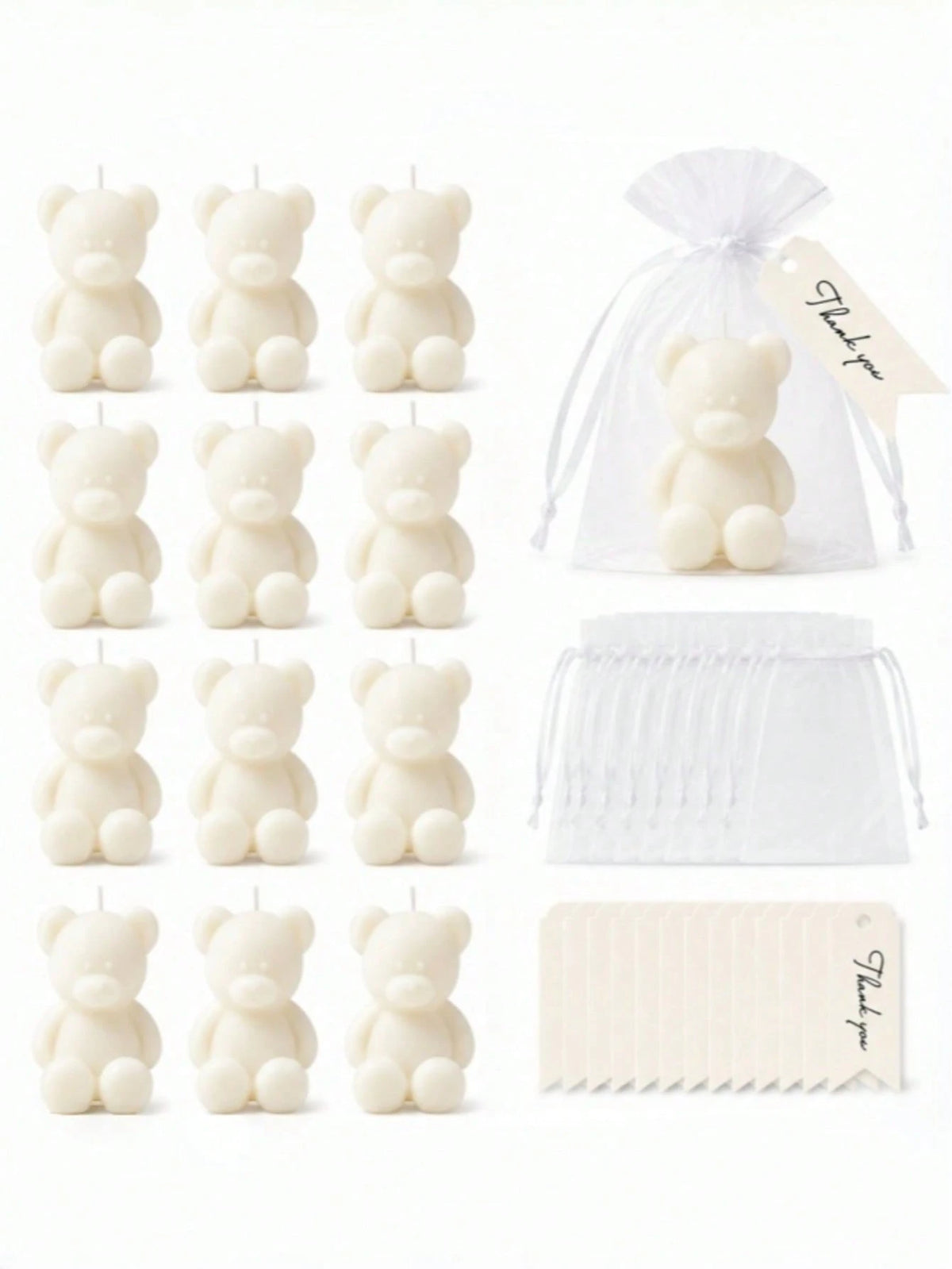 10 Sets Teddy Bear Scented Candle Baby Shower Favor Set, Includes Organza Bags And Thank You Cards, Suitable For Baby Shower Gifts And Gender Reveal Party Supplies