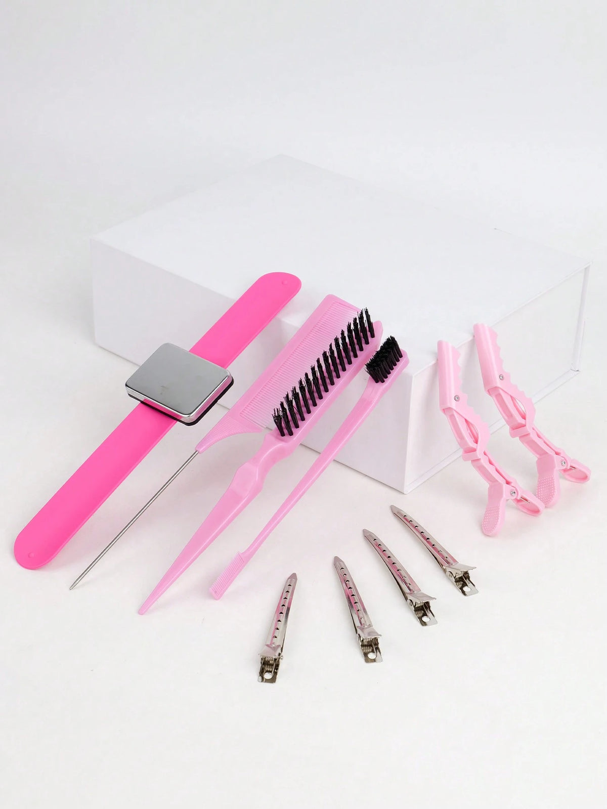 10pcs Hair Wig Styling Tool Kit Set (3pcs Comb Set, Eyebrow Brush, Small Brush, Pointed Comb, 6pcs Hair Clip, 1pc Magnetic Wristband, Stylist Organizer), Wig Styling Supply