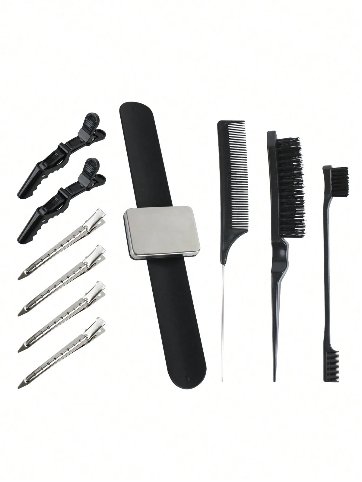 10pcs Hair Wig Styling Tool Kit Set (3pcs Comb Set, Eyebrow Brush, Small Brush, Pointed Comb, 6pcs Hair Clip, 1pc Magnetic Wristband, Stylist Organizer), Wig Styling Supply