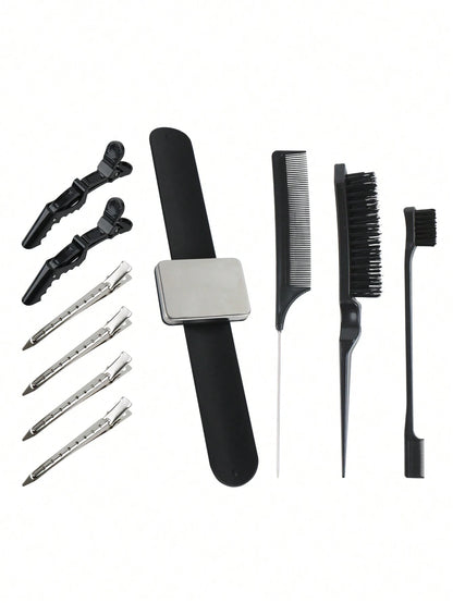 10pcs Hair Wig Styling Tool Kit Set (3pcs Comb Set, Eyebrow Brush, Small Brush, Pointed Comb, 6pcs Hair Clip, 1pc Magnetic Wristband, Stylist Organizer), Wig Styling Supply