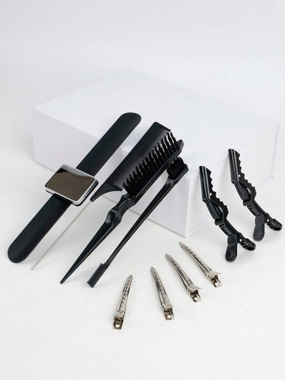 10pcs Hair Wig Styling Tool Kit Set (3pcs Comb Set, Eyebrow Brush, Small Brush, Pointed Comb, 6pcs Hair Clip, 1pc Magnetic Wristband, Stylist Organizer), Wig Styling Supply