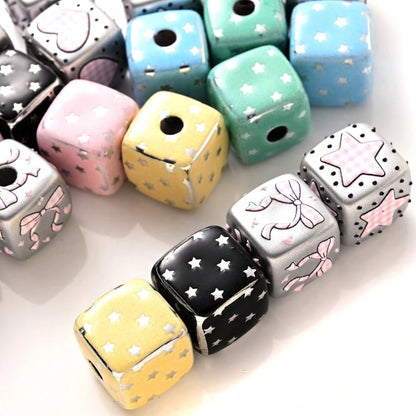 10Pcs Vintage Y2K Distressed Cube Beads, Pink Polka Dot/Star/Cat Print Decorative Beads, Suitable For Home Decor, DIY Jewelry Making And Other Creative Handicrafts