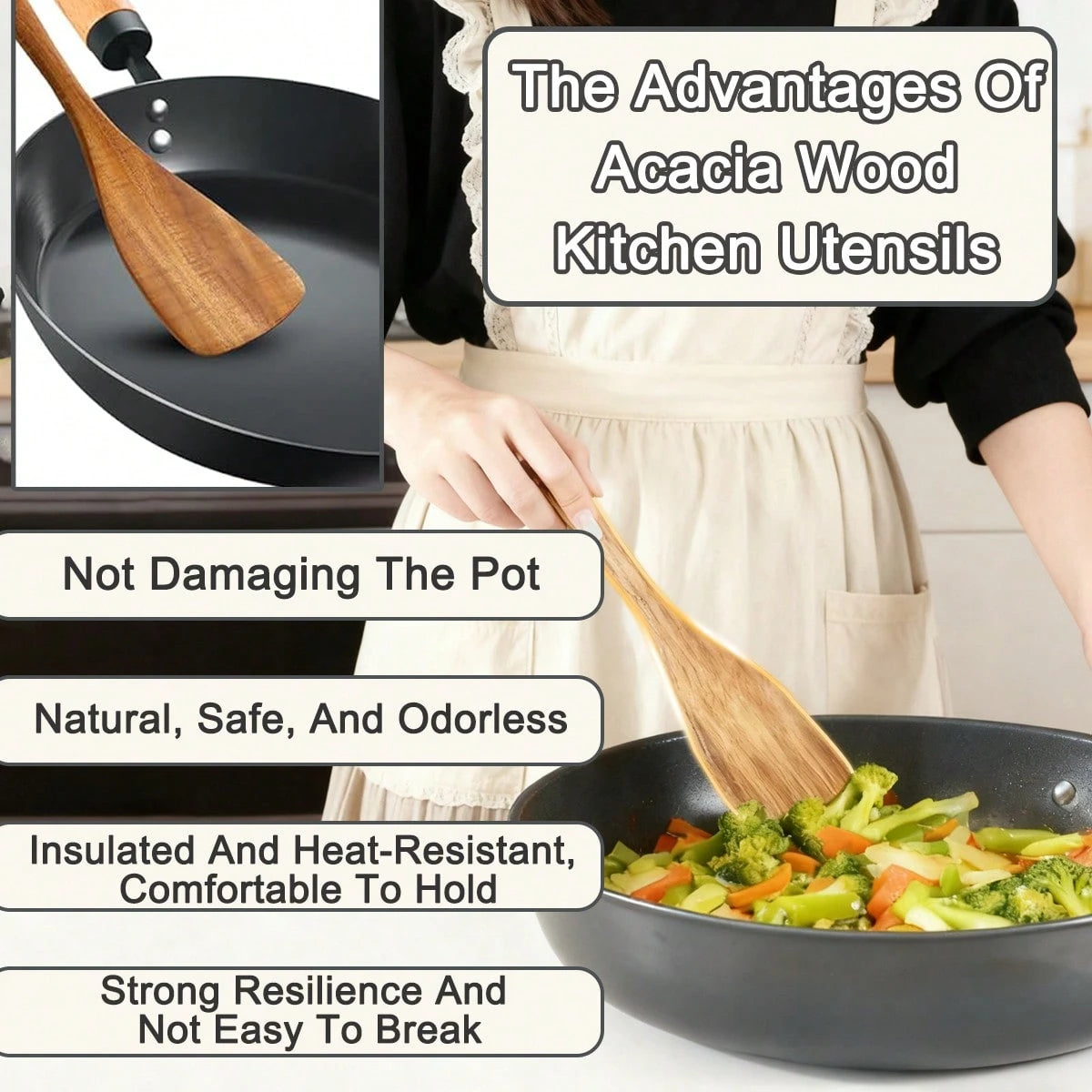 10pcs Wooden Kitchen Utensils Kit,Smooth Finish Teak Wooden Kitchen Utensils Set,Non-Stick, Lightweight Kitchen Supplies Baking Accessories For Cooking