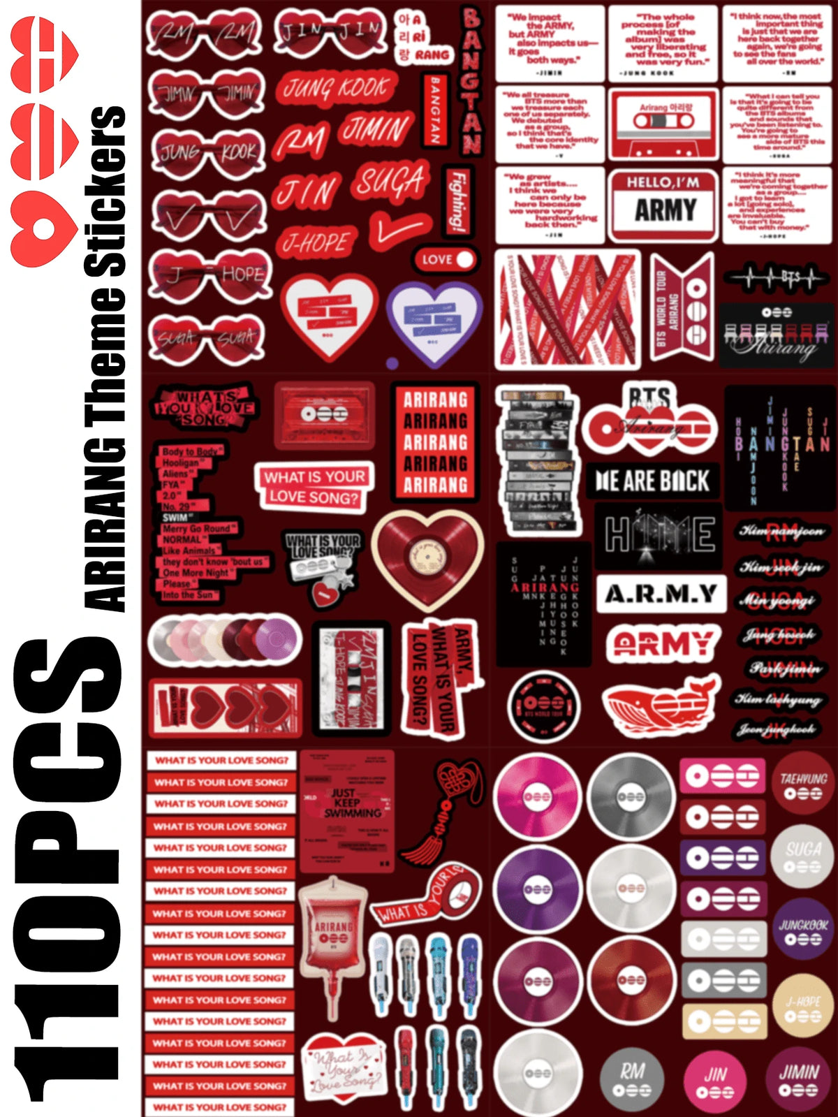 110pcs ARMY OT7, ARIRANG BTSARMY,, JHOPE,,, V, Themed Stickers, Graffiti Planner, Water Bottle, Laptop Stickers, Suitable For Luggage, Laptop, Bicycle, Motorcycle, Stationery, Scooter, Furniture