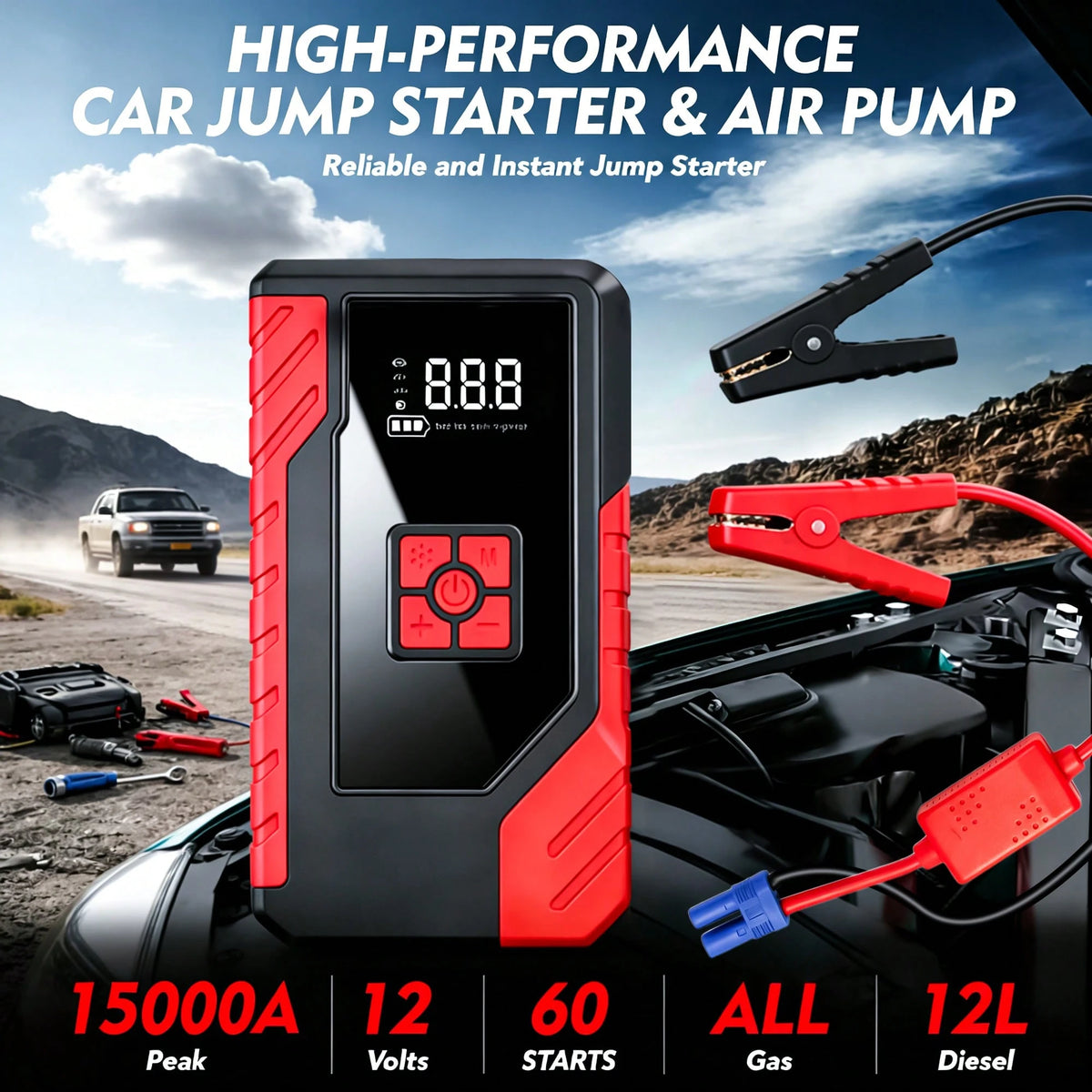 15000A Peak 250PSI 12V 17-In-1 Portable Jump Starter With Air Compressor, 5000mAh, Car Battery Charger, Car Jump Starter With Air Pump, Jump Starter Accessories, Auto Repair Tools, LED Flashlight, Bat