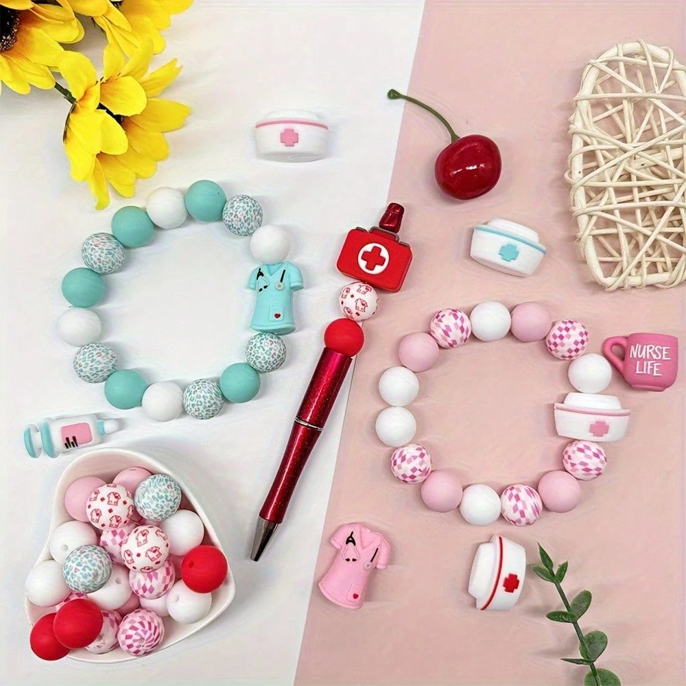 18-Piece Nurse Series Silicone Bead Set, 15mm Round Beads With Colorful Patterns, Used For DIY Jewelry Making, Bracelets, Necklaces, Bead Pens, Keychains, And Handicrafts- Beads & Bead Assortments