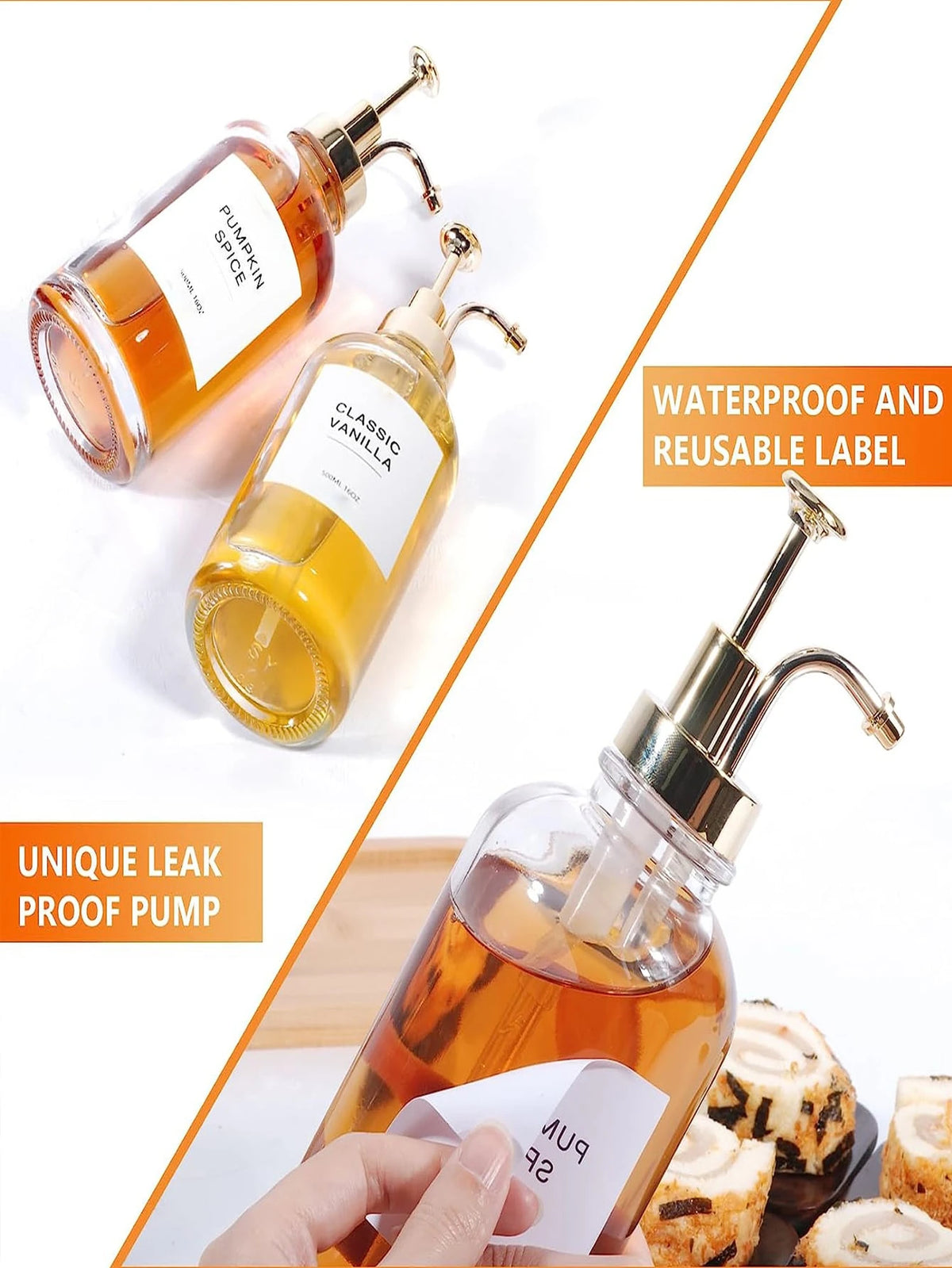 1pc 16.9oz Coffee Syrup Dispenser, Suitable For Coffee Bar, With Label And Gold Pump Head; 500ml Glass Syrup Bottle, Suitable For Home Bar, Transparent Glass Material (Stickers Not Included), Essentia
