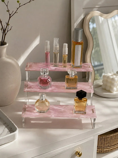 1pc 3-Tier Acrylic Trapezoid Display Rack, Each Tier Can Hold Multiple Bottles Of Fragrance, Aromatherapy, Essential Oils, Cosmetics, Modern Minimalist Style, Each Tier Surface With Wavy Pattern, Suit