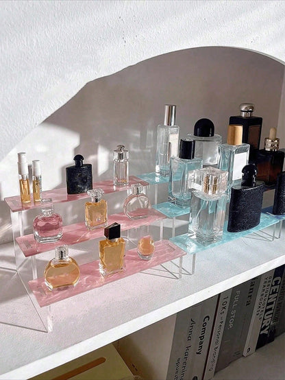 1pc 3-Tier Acrylic Trapezoid Display Rack, Each Tier Can Hold Multiple Bottles Of Fragrance, Aromatherapy, Essential Oils, Cosmetics, Modern Minimalist Style, Each Tier Surface With Wavy Pattern, Suit
