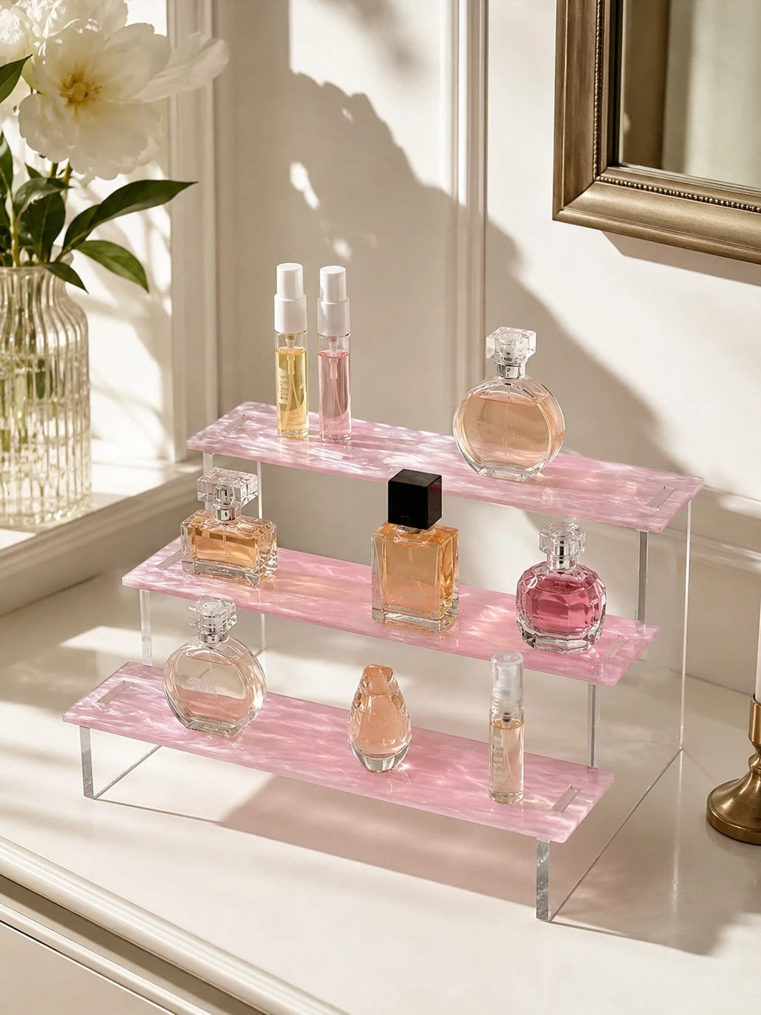 1pc 3-Tier Acrylic Trapezoid Display Rack, Each Tier Can Hold Multiple Bottles Of Fragrance, Aromatherapy, Essential Oils, Cosmetics, Modern Minimalist Style, Each Tier Surface With Wavy Pattern, Suit
