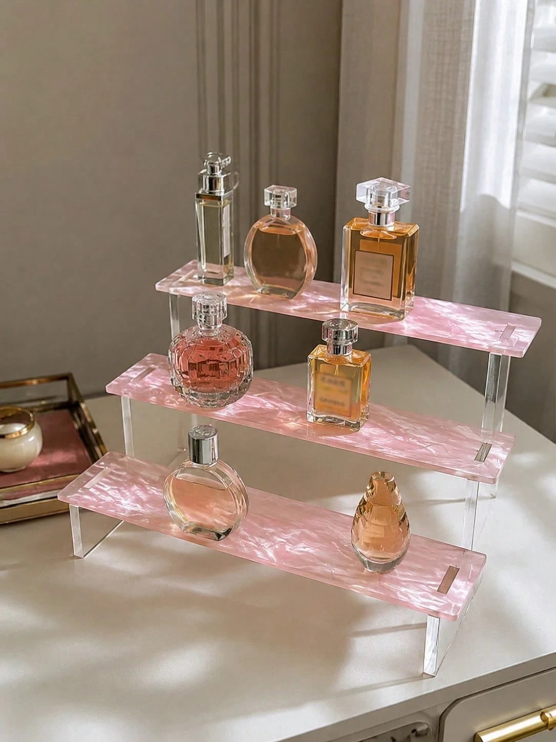 1pc 3-Tier Mica Ripple Acrylic Display Stand, Perfume Organizer Display Riser,Clear Cosmetic Display Shelf For Bathroom Vanity,Cupcake Stand For Party Dessert.Suitable For Perfume Collectors,Beauty St