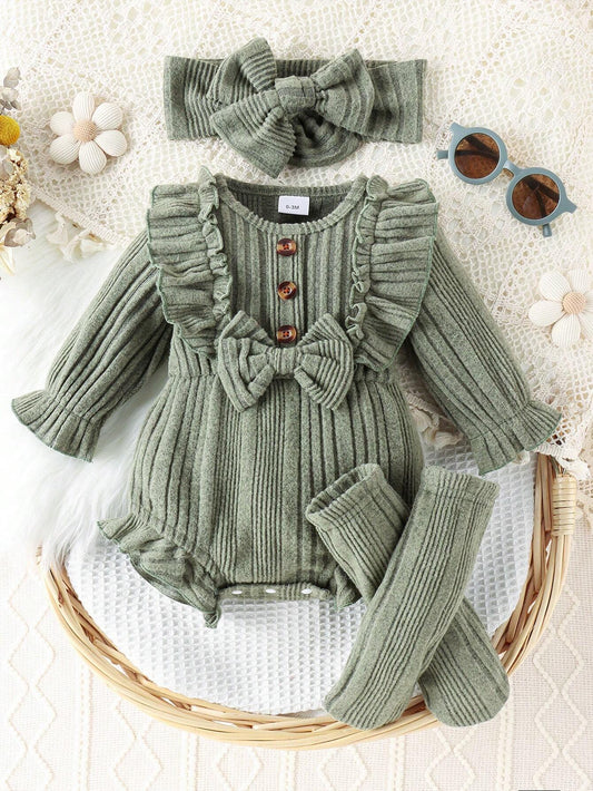 1pc Baby Girl Minimalist Solid Color Long Sleeve Fleece Romper With Headband And Socks Set, Lightweight To Medium Weight, Autumn/Winter