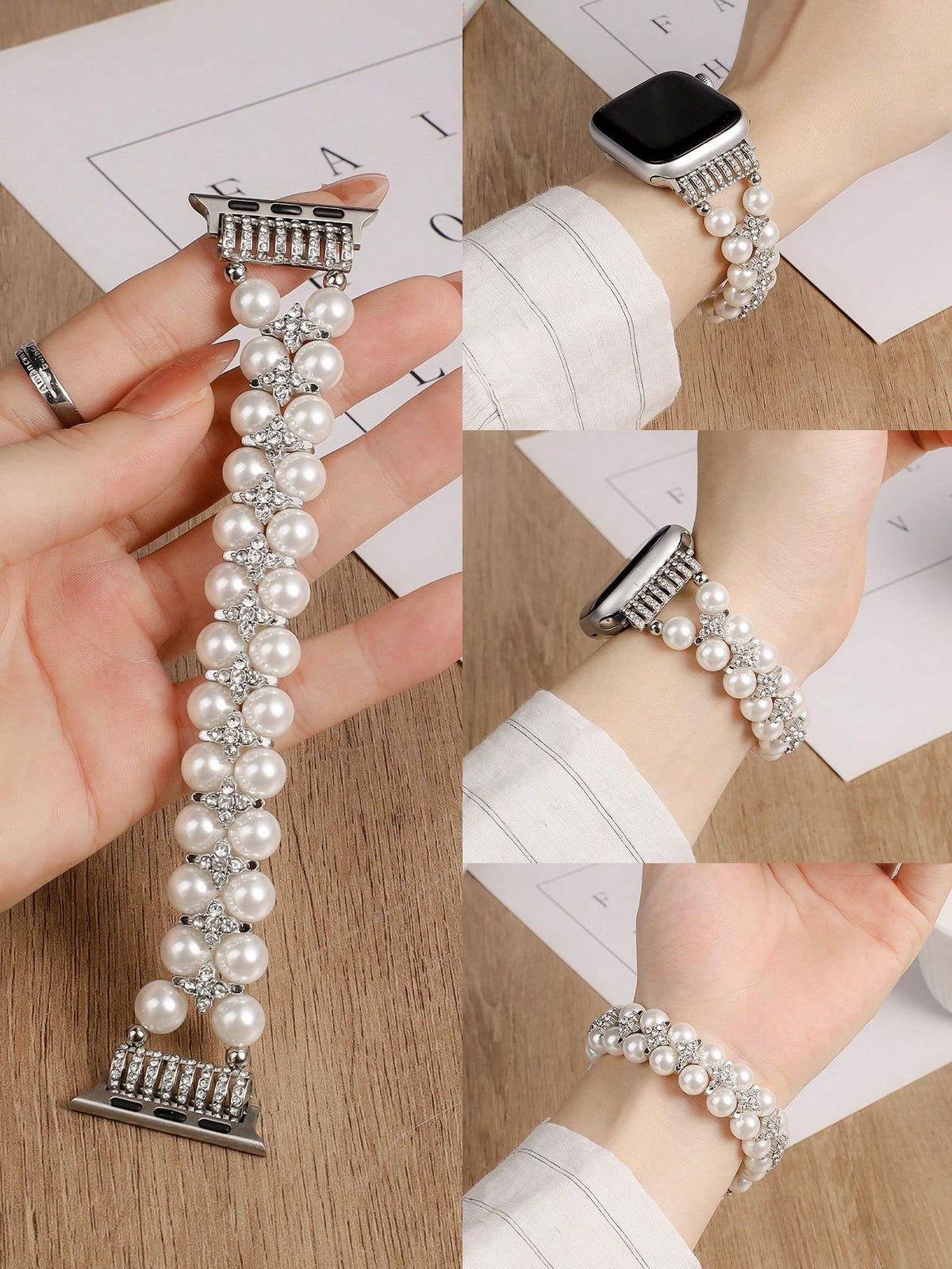 1pc Beaded Jewelry Double Row Pearl Inlaid Cubic Zirconia Compatible With Apple Watch 38/40/41/42/44/45/46/49/S10-42mm Women's Elastic Stretch Band- Simple Elegant Fashionable Bright Pearl Design- C