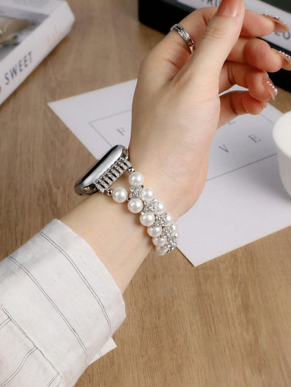 1pc Beaded Jewelry Double Row Pearl Inlaid Cubic Zirconia Compatible With Apple Watch 38/40/41/42/44/45/46/49/S10-42mm Women's Elastic Stretch Band- Simple Elegant Fashionable Bright Pearl Design- C