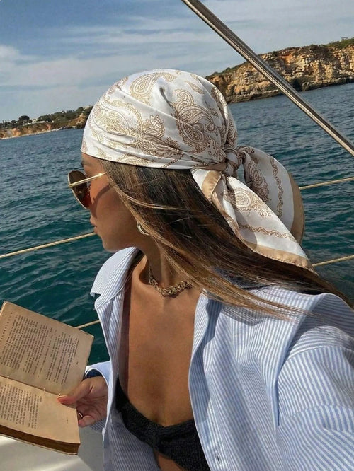 1pc Bohemian Style Square Silk Satin Scarf For Women, Can Be Used As Headscarf, Neck Scarf, Hair Tie, Fashion Headwear, Shawl, Suitable For Daily Casual Wear, Vacations, Parties, Etc., Perfect For Spr