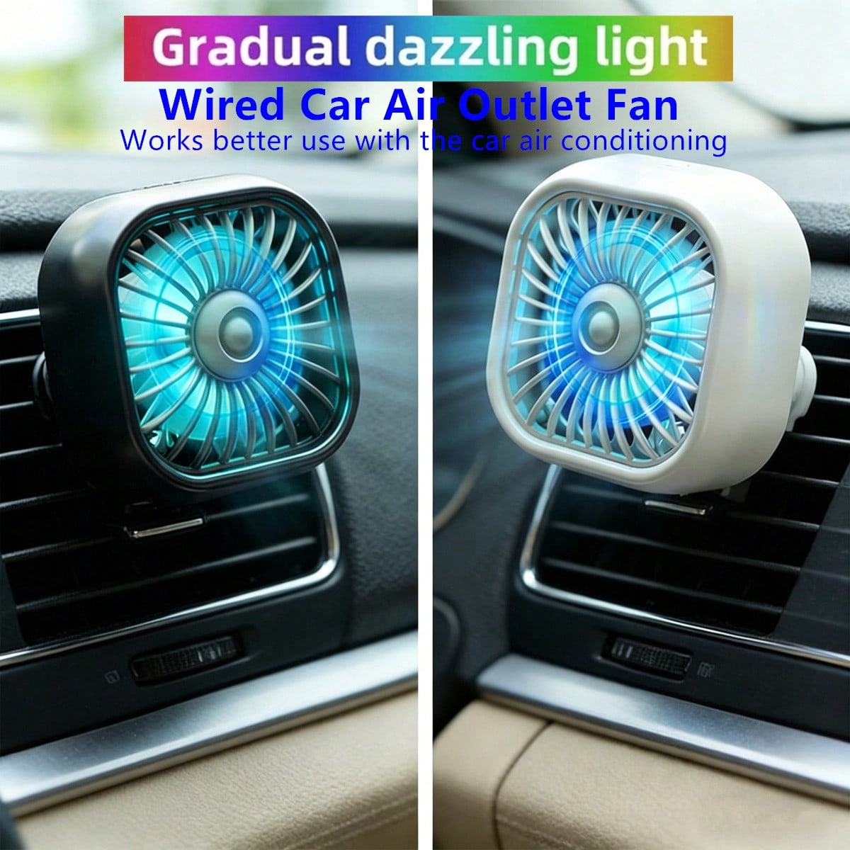1pc Car Air Vent Cooling Fan, USB Powered Strong 7-Blade Turbine Fan With Gradient Color Atmosphere Light, Low Noise Multi-Function Mini Car Interior Cooling Fan