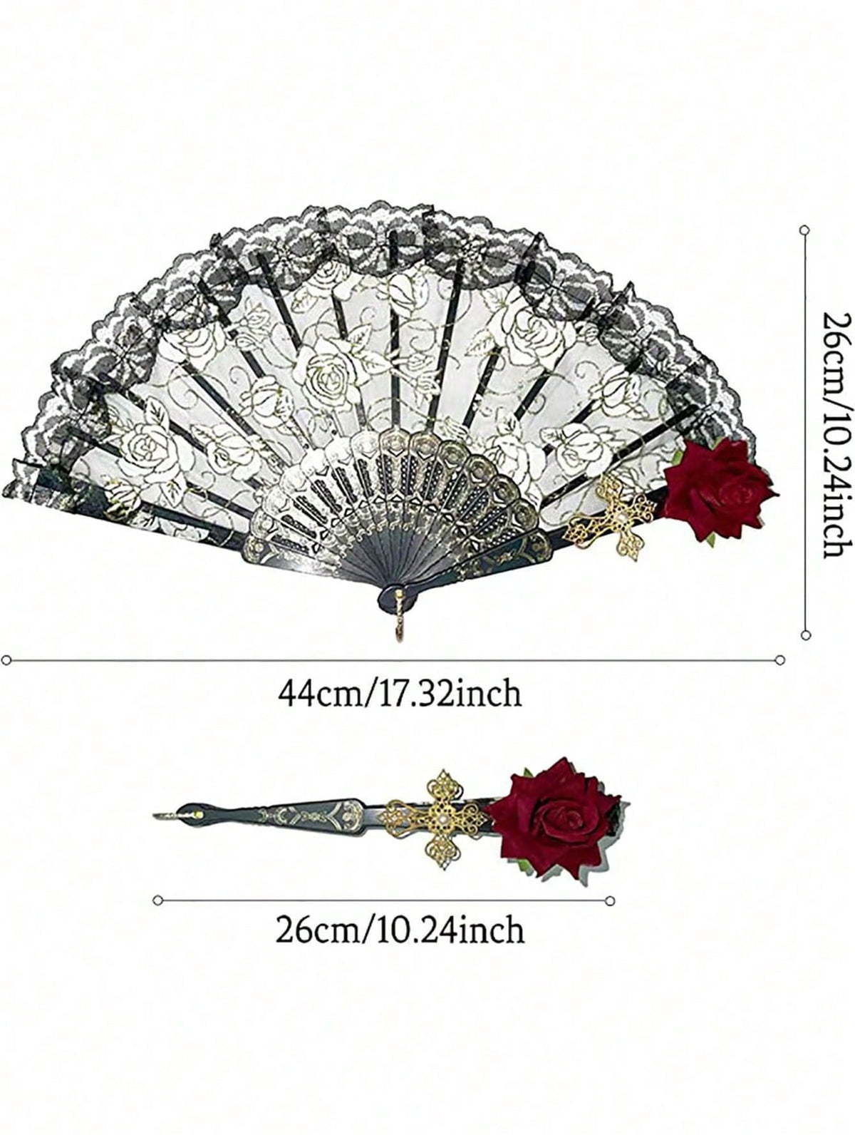 1pc Elegant Vintage Spanish Lace Fan Luxurious European Rose Folding Fan For Cosplay Performance Decoration Valentine's Day