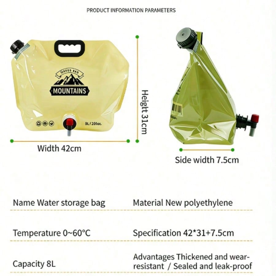 (2pcs)8L Collapsible Water Container With Spigot, Portable B PA-Free Water Bag, Lightweight Leakproof Water Carrier For Camping Hiking Emergency Outdoor Adventures (Light Green)